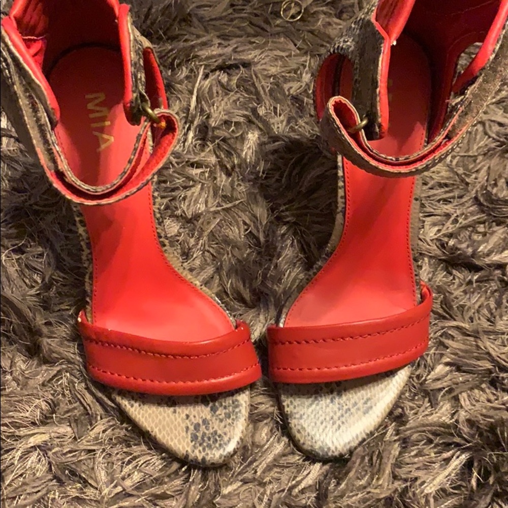 Mia red belly snake skin stilettos
